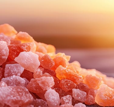 Pink and orange salt crystals in sunlight