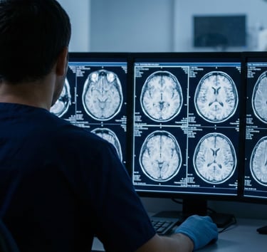 Neurologist reviewing multiple brain MRI scans on diagnostic imaging monitors.