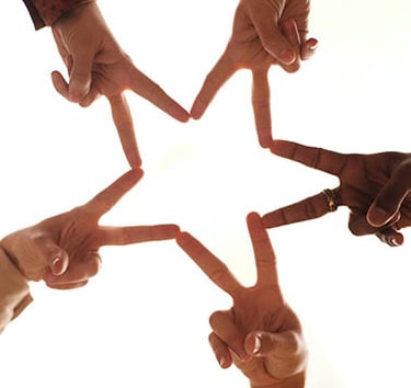 Workplace Culture, five hands create a star