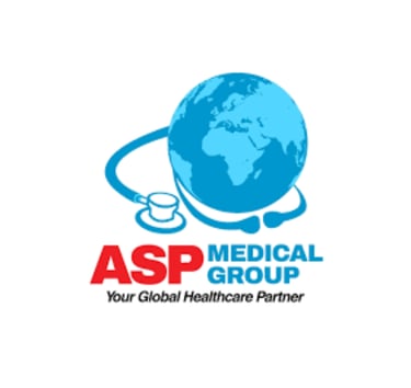 ASP Medical Group logo featuring a blue globe wrapped in a stethoscope for global healthcare services.