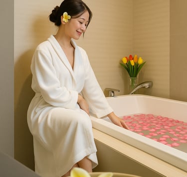 A WOMAN SITTING BY THE BATHTUB