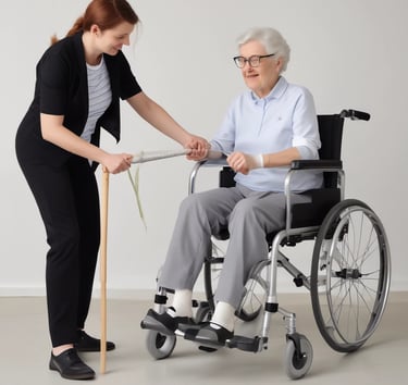 A physiotherapist assisting an elderly patient at home.