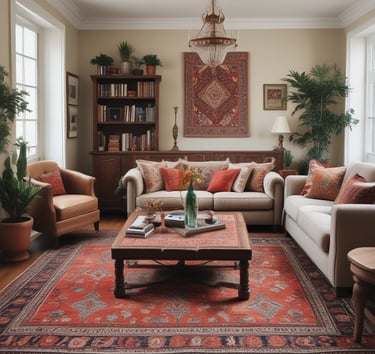A collection of colorful, intricately patterned rugs with geometric designs hangs vertically. The rugs display a variety of colors including red, brown, black, and blue, and appear to be handmade with traditional motifs. Positioned towards the left, a few plush toys are visible, adding a playful element to the scene.