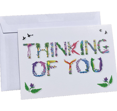 A Thinking Of You greeting card printed in tropical exotic wordart