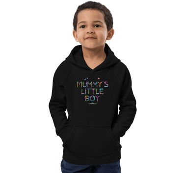 A boy wearing a black hoodie with the words Mummys Little Boy printed on in tropical exotic wordart