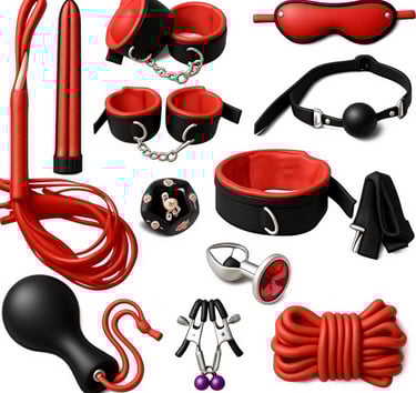 طقم ألعاب وأدوات زوجية متكامل باللونين الأحمر والأسود يضم إكسسوارات متنوعة للأزواج مثل القيود والملح