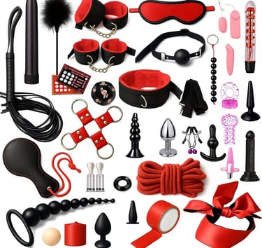 طقم ألعاب وأدوات زوجية متكامل باللونين الأحمر والأسود يضم إكسسوارات متنوعة للأزواج مثل القيود والملح