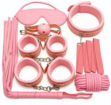 طقم ألعاب زوجية وردي مع كلبشات مبطنة وقيود وحبال وملحقات متنوعة بتصميم أنيق وجودة عالية للأزواج