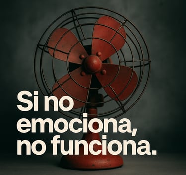 Ventilador rojo antiguo con la frase “Si no emociona, no funciona”