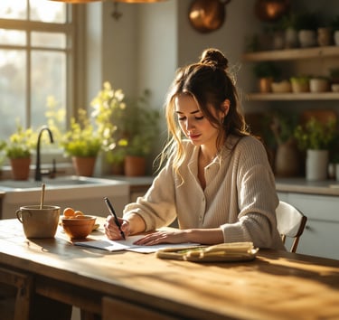 a woman sitting at her kitchen table writing out a meal plan