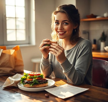 a woman sitting at a table with a sandwich