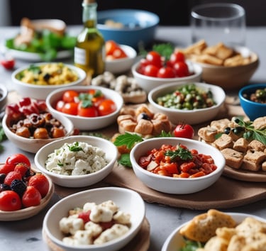 A plate of Greek salad with chopped cucumbers, tomatoes, onions, olives, and a large slab of feta cheese drizzled with olive oil is served on a table. Beside the plate is a glass of rose wine, partially filled, catching the light.
