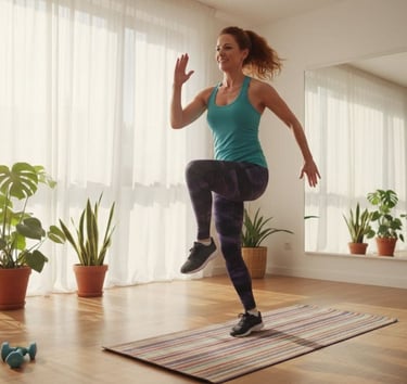 a woman in a blue tank top and leggings doing a yoga pose