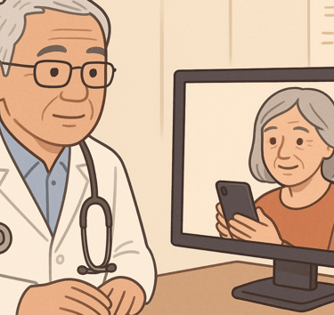 Ilustration of a telemedicine consultation with a Coimbra Protocol doctor and a patient on screen.
