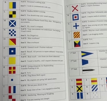 Navy Notebook opened to reference material showing flags and pennants.