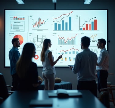 A sleek, modern workspace with a diverse team brainstorming over a large digital screen showing bran