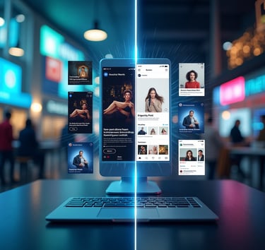 A split-scene image showing a "before and after" of a brand’s digital identity: one half with dull,