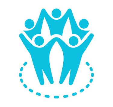 Ícono azul de personas unidas en círculo que representa comunidad y cooperación dentro del ecosistem