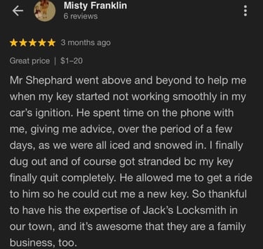 Five-star Google review of Jack's Locksmith for cutting a new car key after the original failed in the ignition