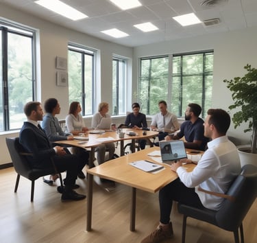 A vintage advertisement is painted on the side of a weathered brick building, featuring ornate lettering that reads 'Abstract & Guaranty Co.'. Below, storefronts with awnings display the names of various businesses, including 'Crouch Family Medicine'. The scene suggests a small-town or urban environment with a classic and historical feel.