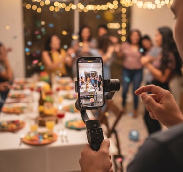 Filming a festive dinner party with a smartphone gimbal stabilizer and string lights.