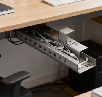 Under-desk cable management tray organizer holding tangled wires and power cords under a wooden office desk.
