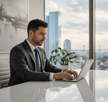 a man in a suit and tie is sitting at a table
