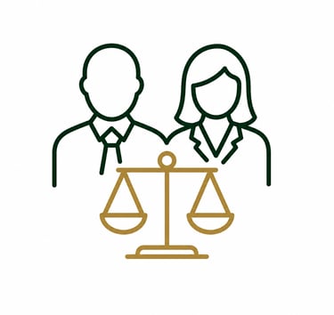 Line art icon of a male and female lawyer standing behind the scales of justice for legal services.