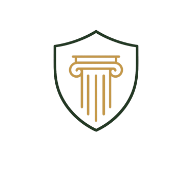Elegant gold ionic column icon inside a green shield frame, symbolizing legal law and justice services.