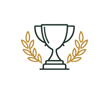 Minimalist outline of a winner's trophy cup with gold laurel leaves on a black background.