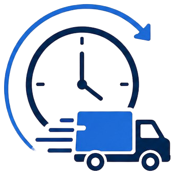 Timely delivery icon featuring a clock and delivery truck, representing efficient global shipping timelines
