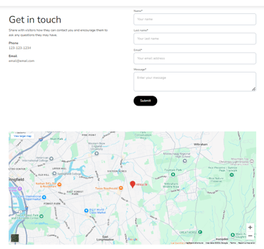 Website contact page featuring a get in touch form and an interactive Google Map location of Springfield.