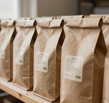 Close-up of kraft paper export packaging bags lined up on a wooden shelf in a processing warehouse, natural fiber labels attached, diffuse afternoon light from a side window, burlap texture visible in background