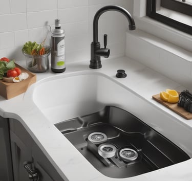 Kitchen sink with modern faucet and garbage disposal drain representing garbage disposal services in