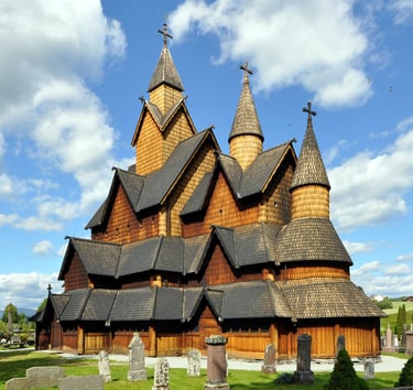 heddal stave church, wood church with multiple spires medieval