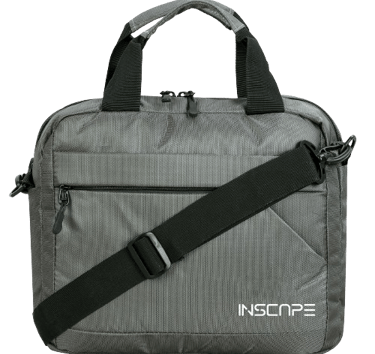 a grey laptop bag with a logo on the side and black shoulder strap and front pocket