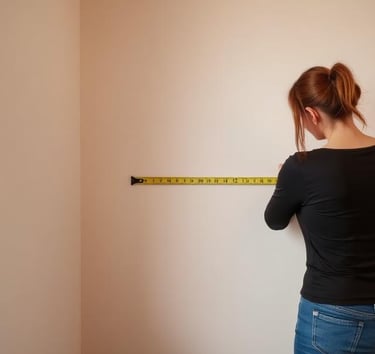 Woman using a yellow measuring tape on a wall for home improvement and interior DIY projects.
