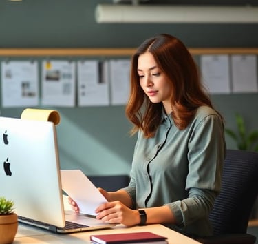 Professional woman reviewing documents at a modern office desk with a laptop and notebooks.