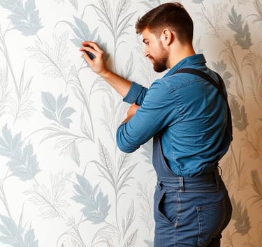 Professional Wallpaper Installer installing patterned wallpaper on a wall during a home renovation.
