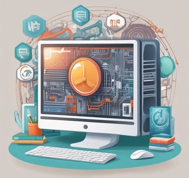 a computer monitor screen with a computer and a keyboard