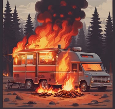 Vintage camper van engulfed in flames during a forest wildfire illustration with thick smoke.