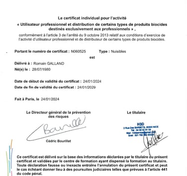 certification pour la désinsectisation a nice