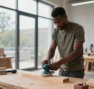 A male carpenter using an electric orbital sander to smooth a wooden plank in a professional woodworking shop.