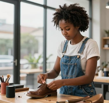 A female artisan cobbler in denim overalls repairing a brown leather dress shoe in a bright workshop.