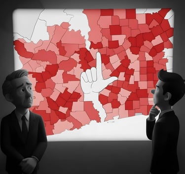 Legislators look at voting map of Texas in which a district forms the loser symbol