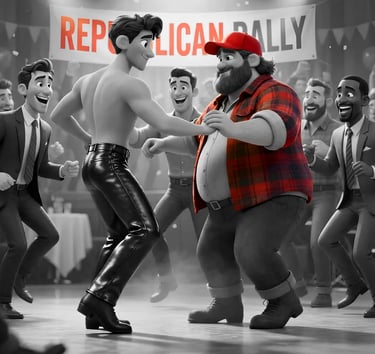 Republican rally scene with a shirtless man in leather pants dancing with heavyset man at event. 