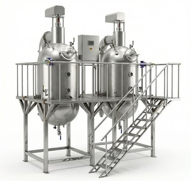 Industrial stainless steel vacuum evaporator with access platform and stairs on white background.