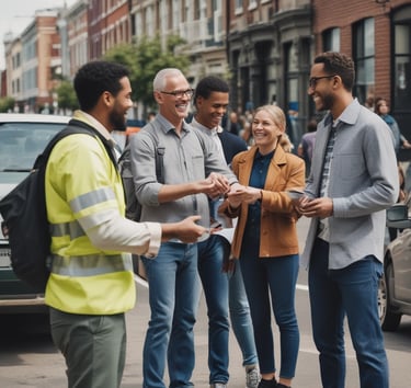 A friendly team of surveyors discussing building plans inside a cozy home.