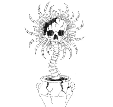 Black and white ink drawing of a macabre skull flower with a spine stem growing in a cracked vase.