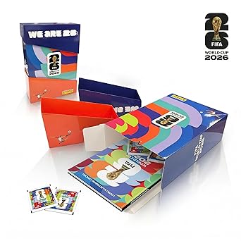 Official FIFA World Cup 2026 Panini sticker album set with collector box and trading card packets.